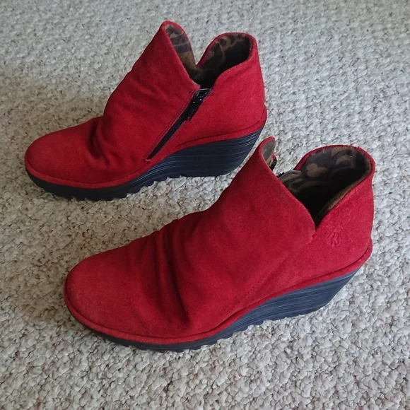 Fly London Shoes Yip Red Suede Wedge Heel Ankle Boots Size EU 37 US 6.5